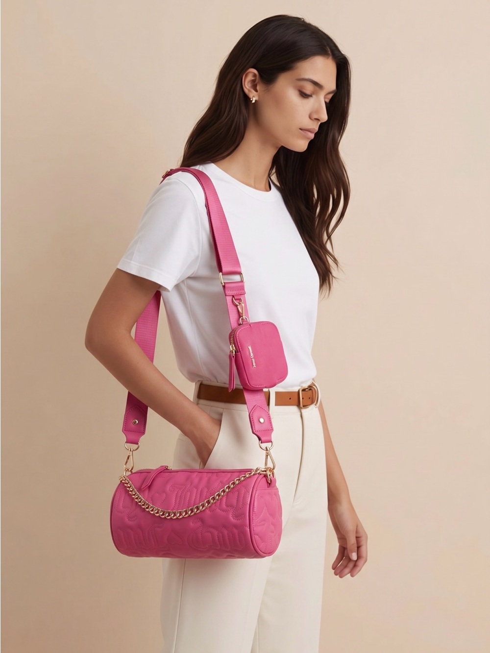 Hot Pink Quilted Barrel Shoulder Bag with Coin Pouch NWT